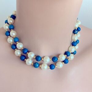 Vintage large faux pearl & Lapis necklace